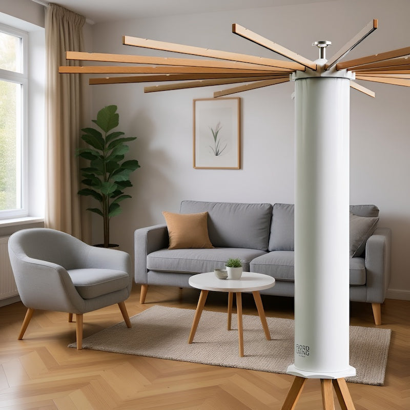 Le séchoir à linge Fjordliving SmartRack dans le salon. Un élément de décoration